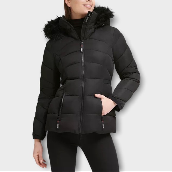 Guess Jackets & Blazers - Guess Faux-Fur-Trim Black Hooded Puffer Coat